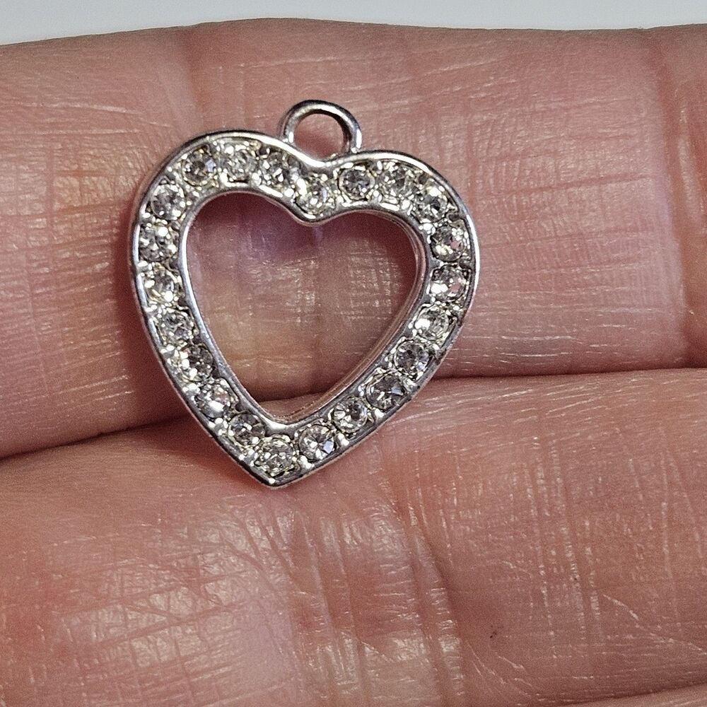 Silver Tone Open Heart Clear Rhinestone Dainty Charm Pendant